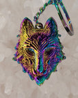 5 Pack - Rainbow Crystal Third Eye Wolf Sacred Geometry Animal Wolves Dog Coyote Anodized 3D Metal Wholesale Keychains Key-Chain Bulk Key Chains