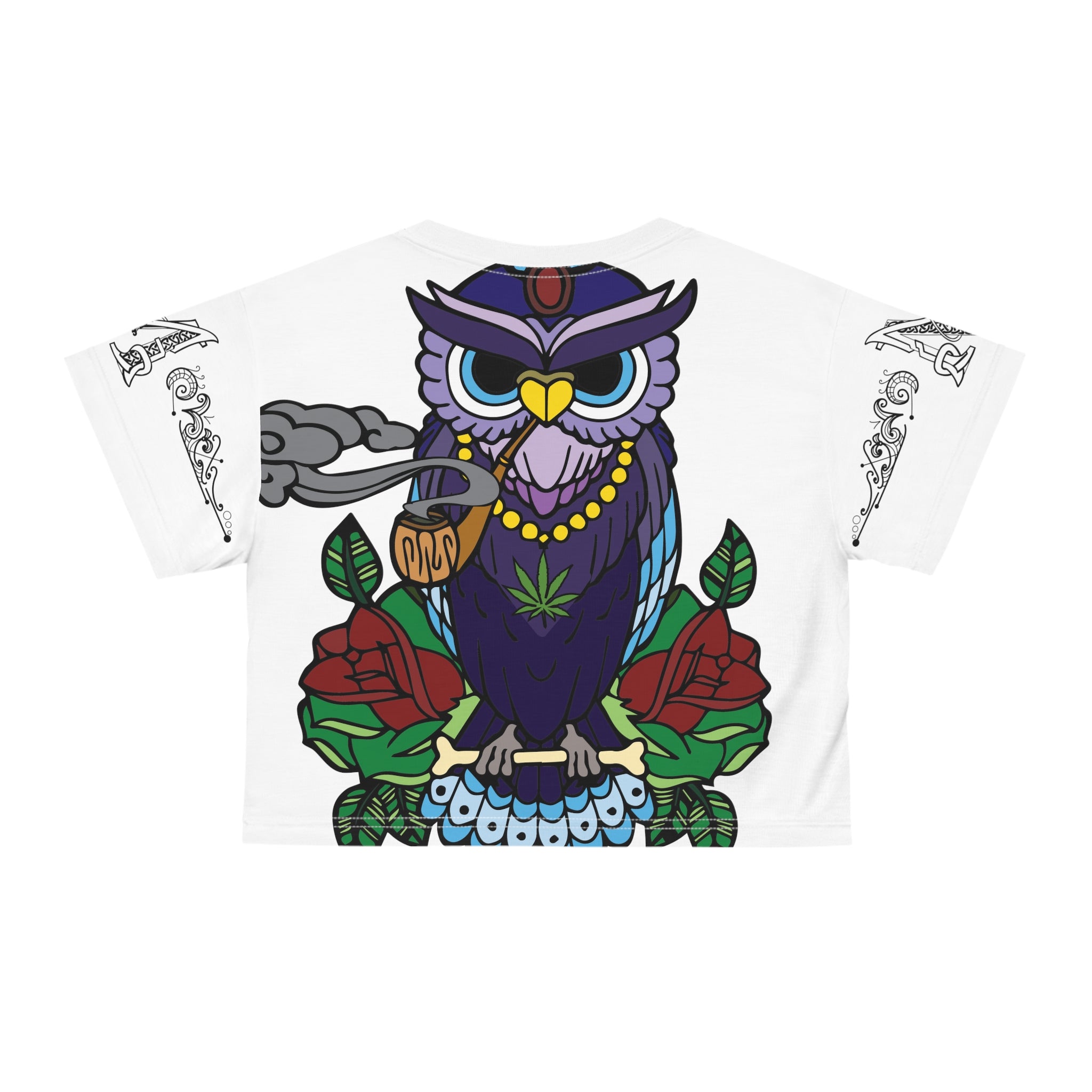 Toking Night Owl Bird Smoke Purple Women&#39;s Cropped Tee Shirt AOP Crop Tee Crop Top By Mythical Merch