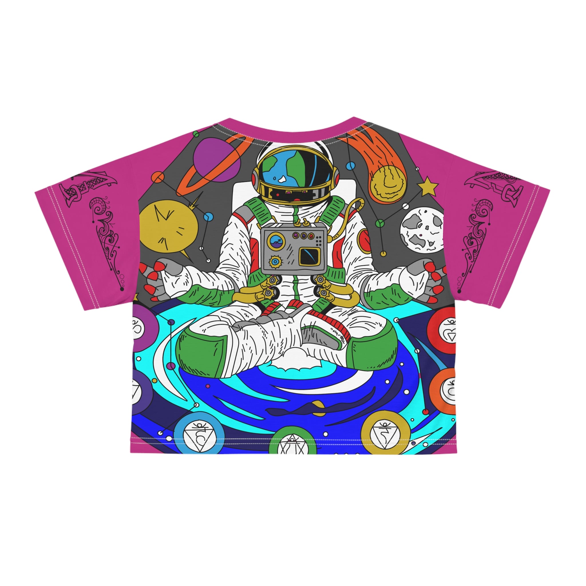 Chakranaut Space Meditation Astronaut Chakra Planet Buddha Women&#39;s Cropped Tee Shirt AOP Crop Tee Crop Top By Mythical Merch