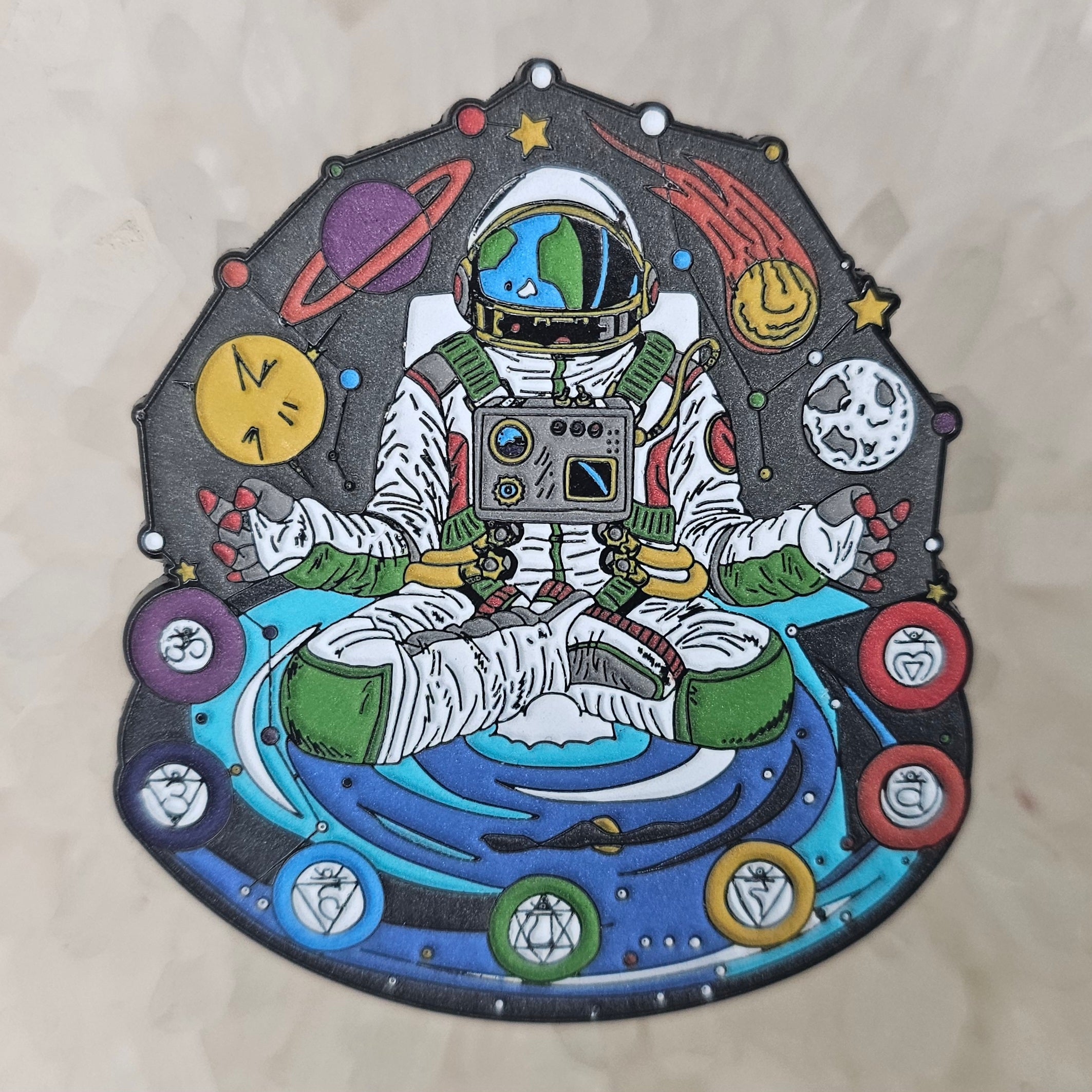 Chakranaut Meditation Astronaut Chakra Cosmonaut Space Buddha Planet Full Glow Enamel Pins Hat Pins Lapel Pin Brooch Badge Festival Pin