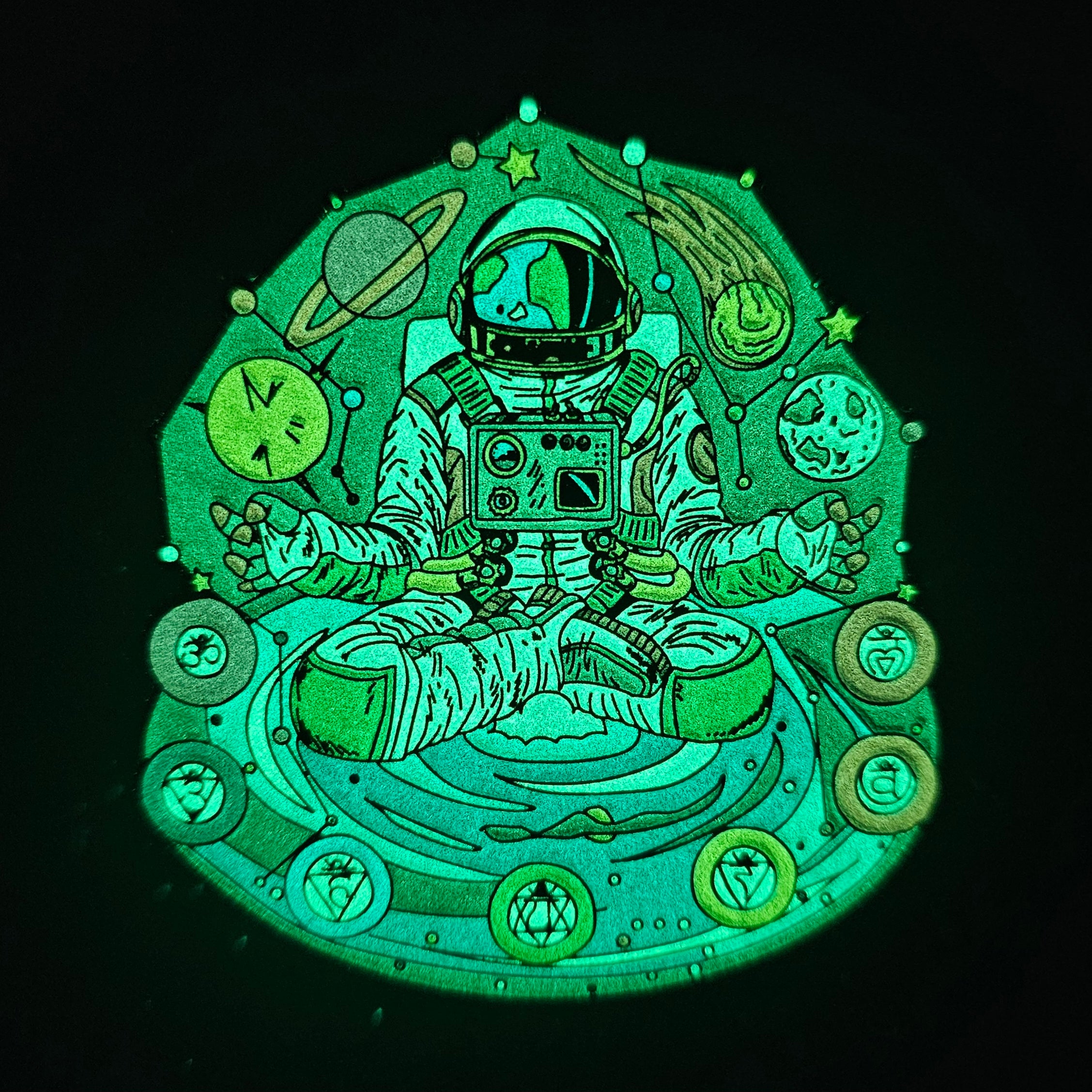 Chakranaut Meditation Astronaut Chakra Cosmonaut Space Buddha Planet Full Glow Enamel Pins Hat Pins Lapel Pin Brooch Badge Festival Pin