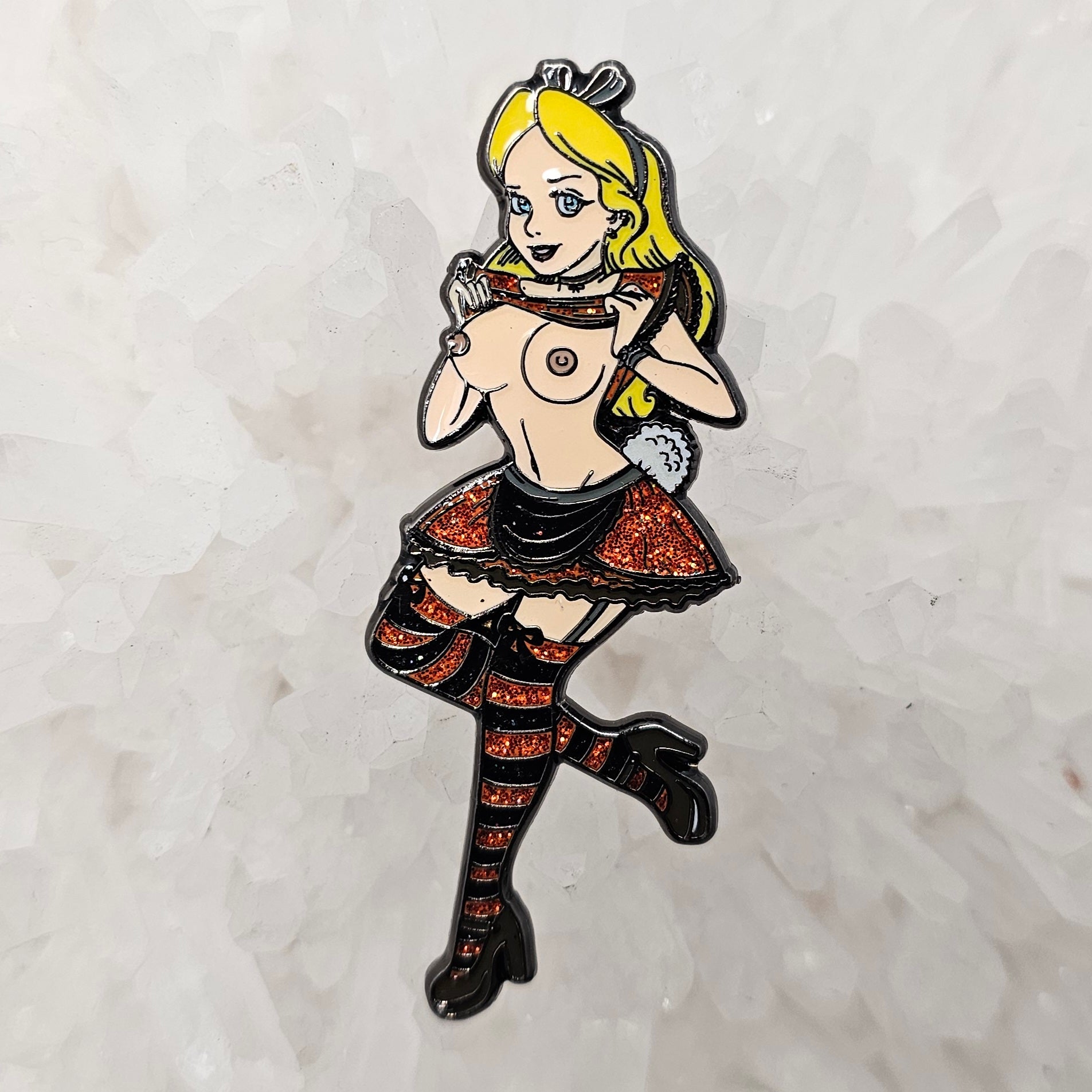 Alice In Kinked Wonderland V1 Erotic 90s Cartoon Pin Up Glitter Enamel Pins Hat Pins Lapel Pin Brooch Badge Festival Pin