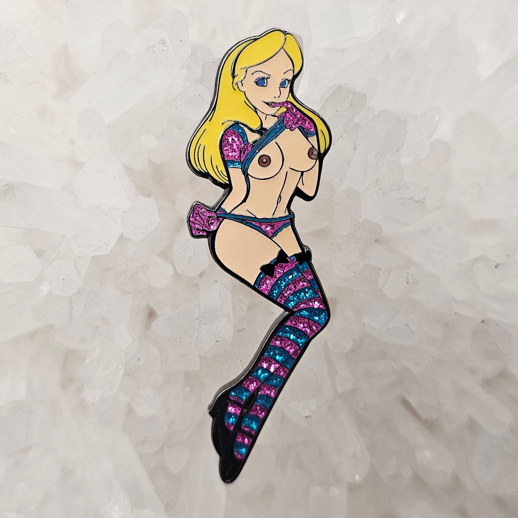 Alice In Lewd Land V3 Wonderland Kinked Erotic 90s Cartoon Pin Up Glitter Enamel Pins Hat Pins Lapel Pin Brooch Badge Festival Pin