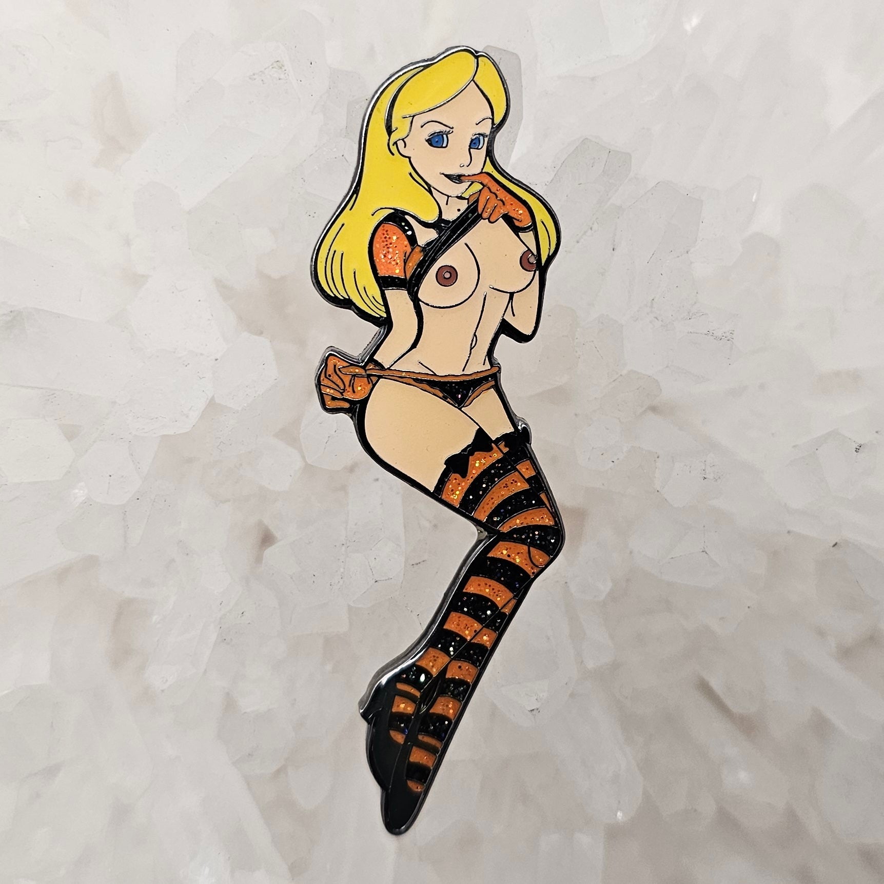 Alice In Lewd Land V4 Wonderland Kinked Erotic 90s Cartoon Pin Up Glitter Enamel Pins Hat Pins Lapel Pin Brooch Badge Festival Pin