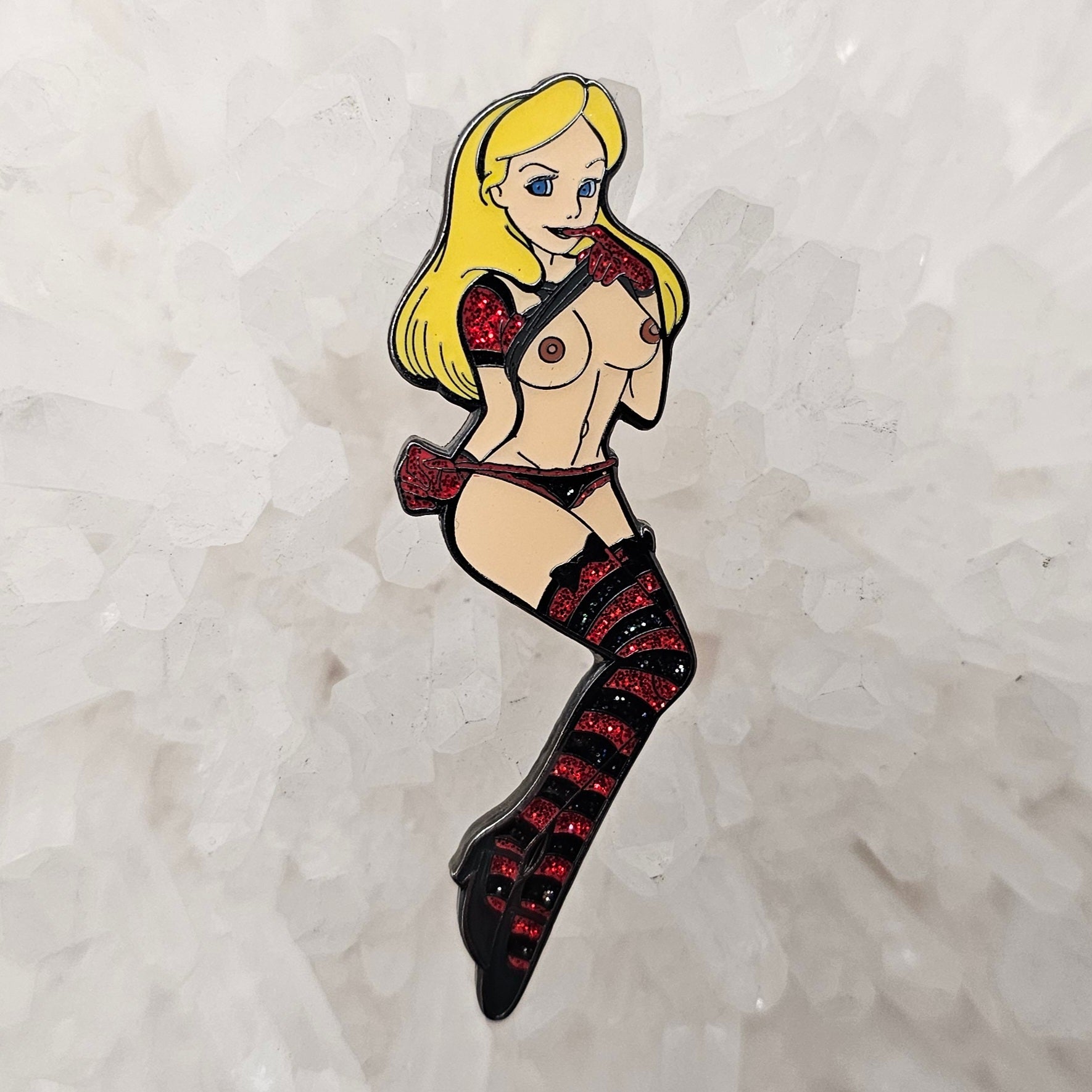 Alice In Lewd Land V5 Wonderland Kinked Erotic 90s Cartoon Pin Up Glitter Enamel Pins Hat Pins Lapel Pin Brooch Badge Festival Pin