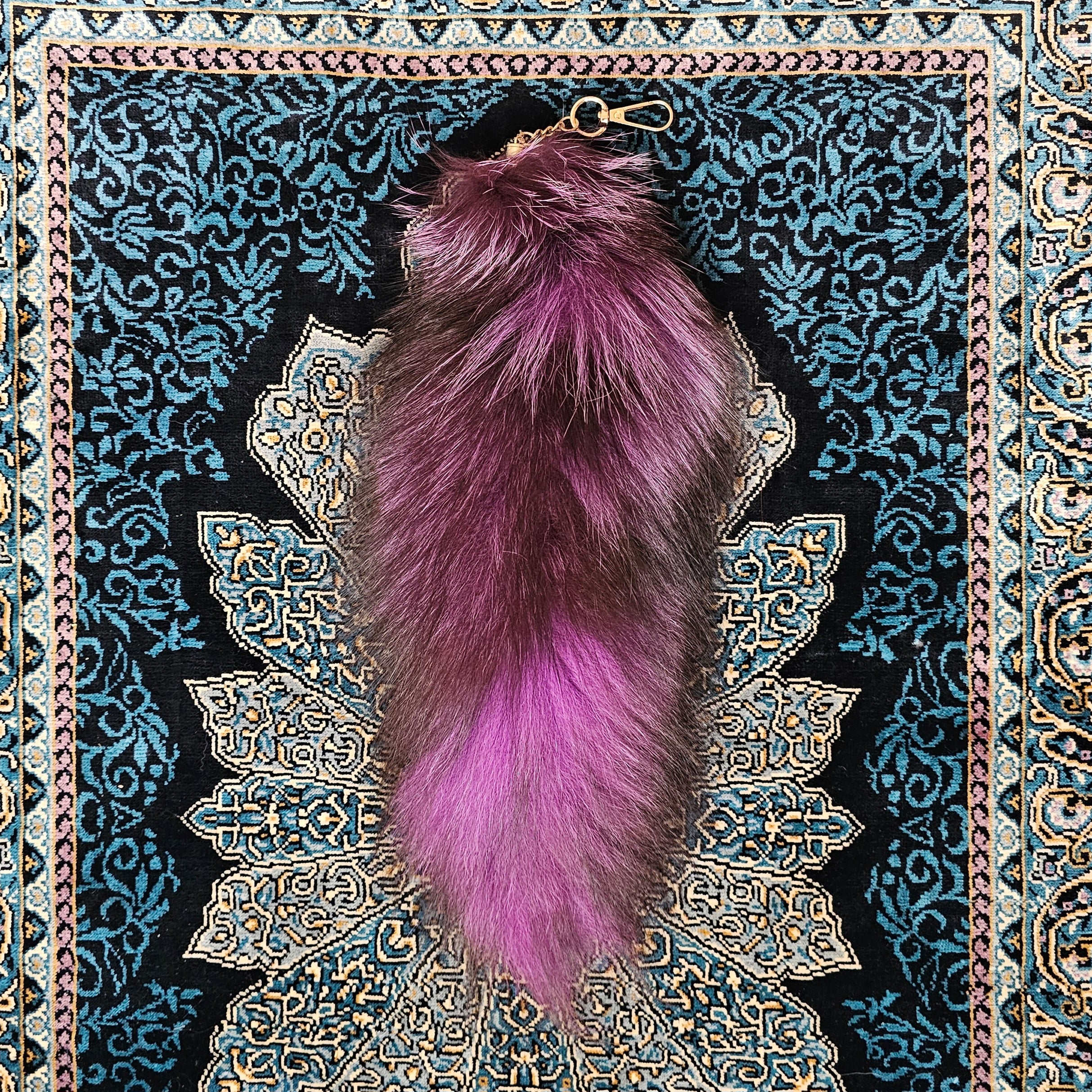 Black & Purple Real Fox Fur Tail Clip-On Keychain | Festival