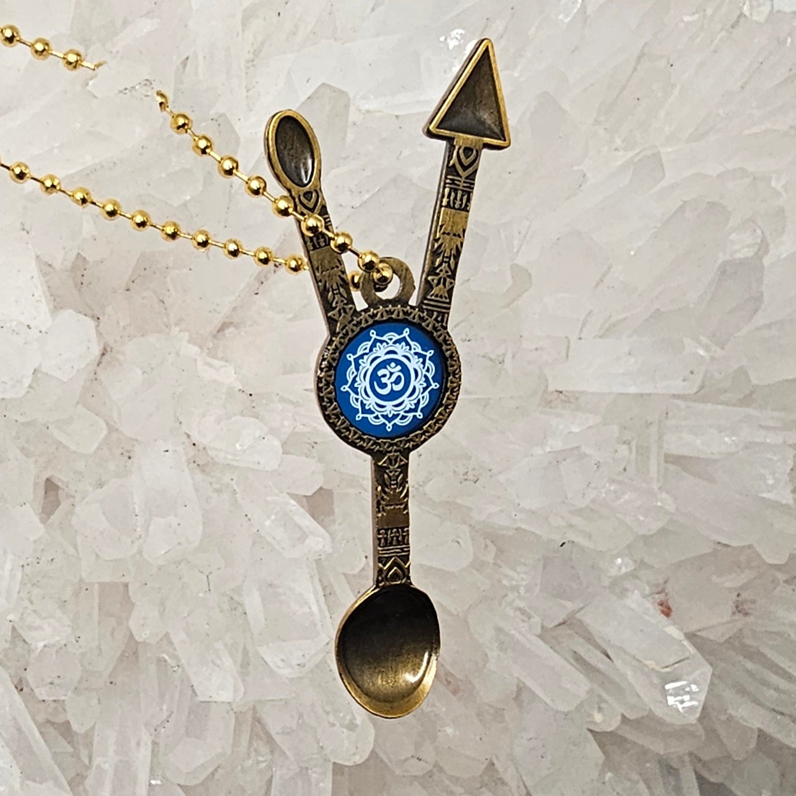 Om Triple Mini Spoon Antique Bronze Enamel Metal Pendant Necklace