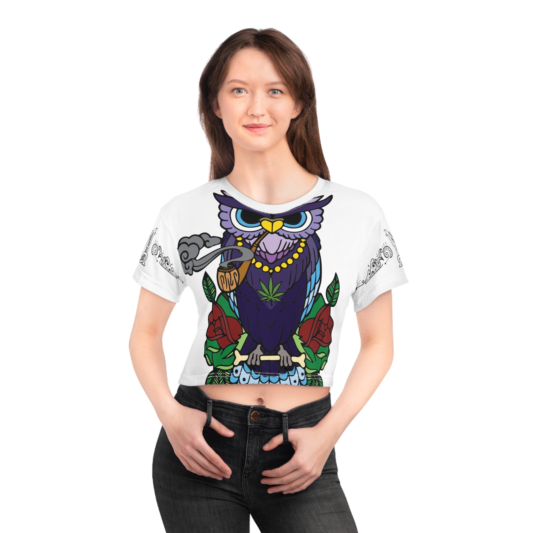 Toking Night Owl Bird Smoke Purple Women&#39;s Cropped Tee Shirt AOP Crop Tee Crop Top By Mythical Merch