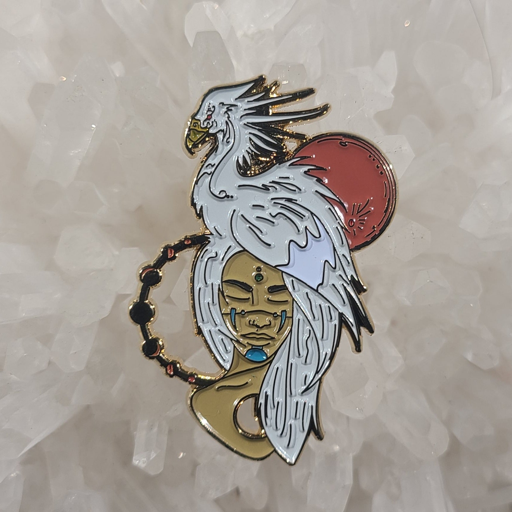 Phoenix Lady Moon Phase Bird Woman Animal Art White Enamel Hat Pin