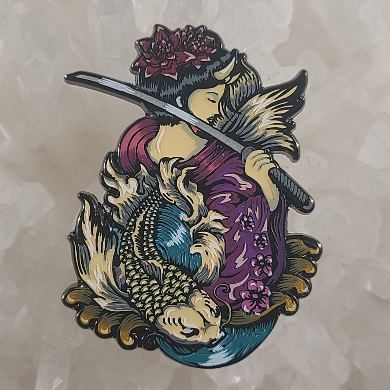 Horned Lotus Flower Samurai Coy Fish Sword Wave V2 Enamel Pins Hat Pins Lapel Pin Brooch Badge Festival Pin