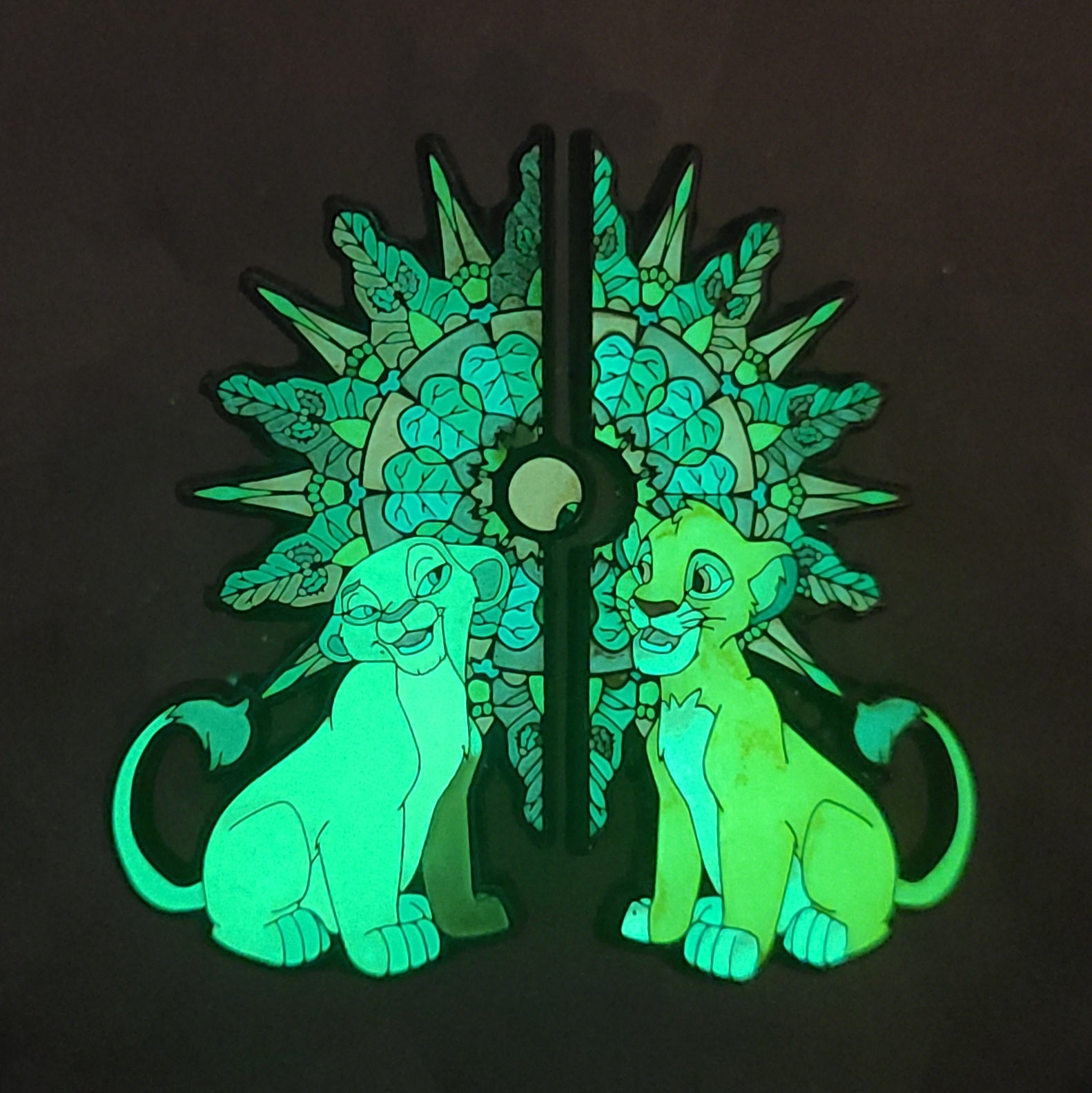 Set of 2 Trippy Simba Nala Sun Lion Sacred Geometry King Mandala 90s Cartoon Glow Enamel Hat Pins