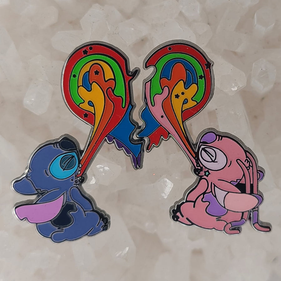 10 Set Pack - Lilo Love Rainbow Stitch Puke Heart Angel Couples His And Hers Set Blue Glow Enamel Pins Hat Pins Lapel Pin Brooch Badge Festival Pin Set(2)