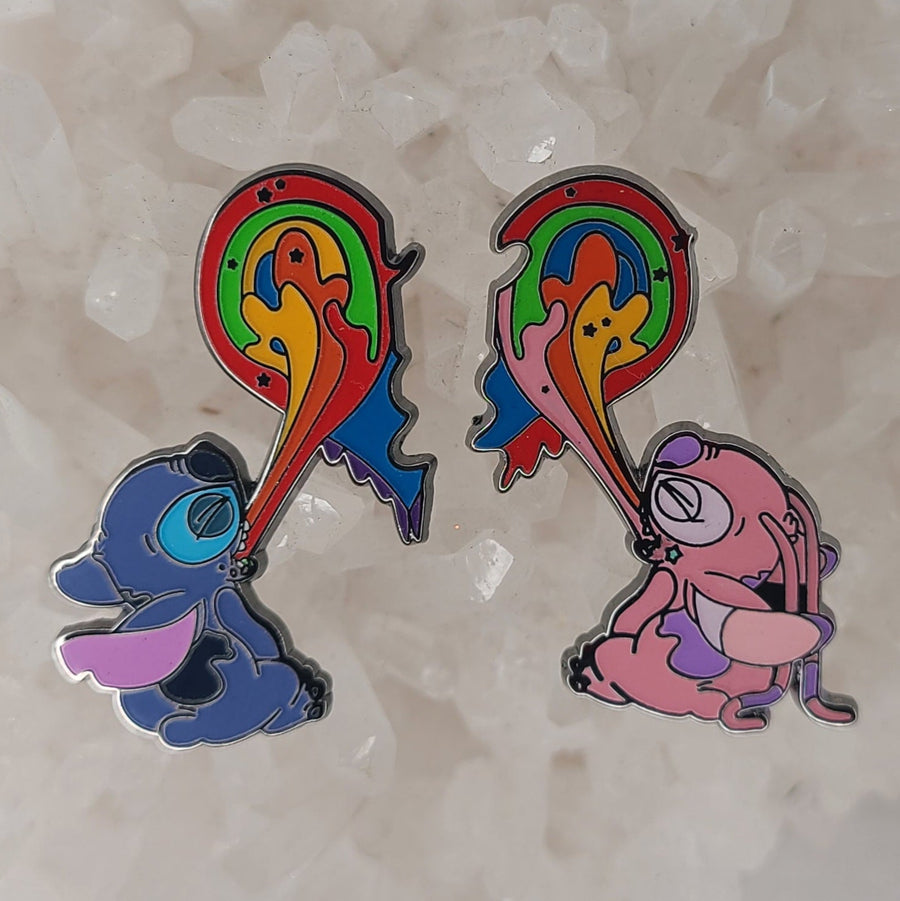 10 Set Pack - Lilo Love Rainbow Stitch Puke Heart Angel Couples His And Hers Set Blue Glow Enamel Pins Hat Pins Lapel Pin Brooch Badge Festival Pin Set(2)