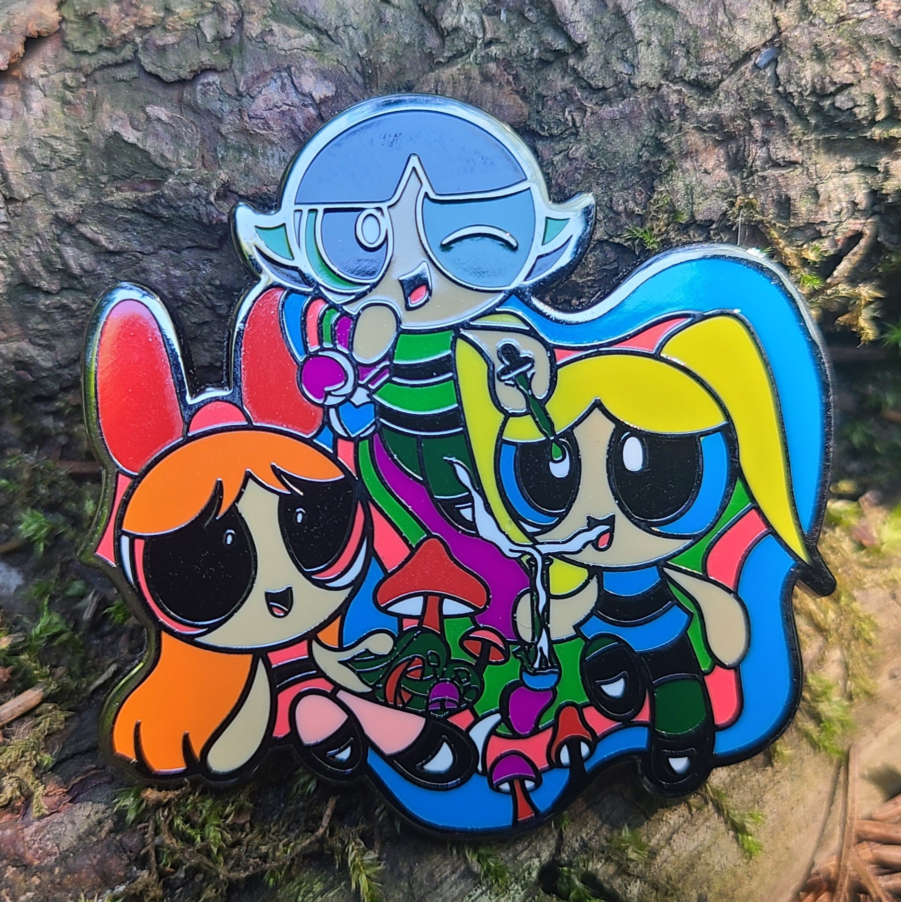 Powerpuffin Girls Hippie Stoner Crew Psychedelic Mushroom Art 90s Cartoon Enamel Hat Pin