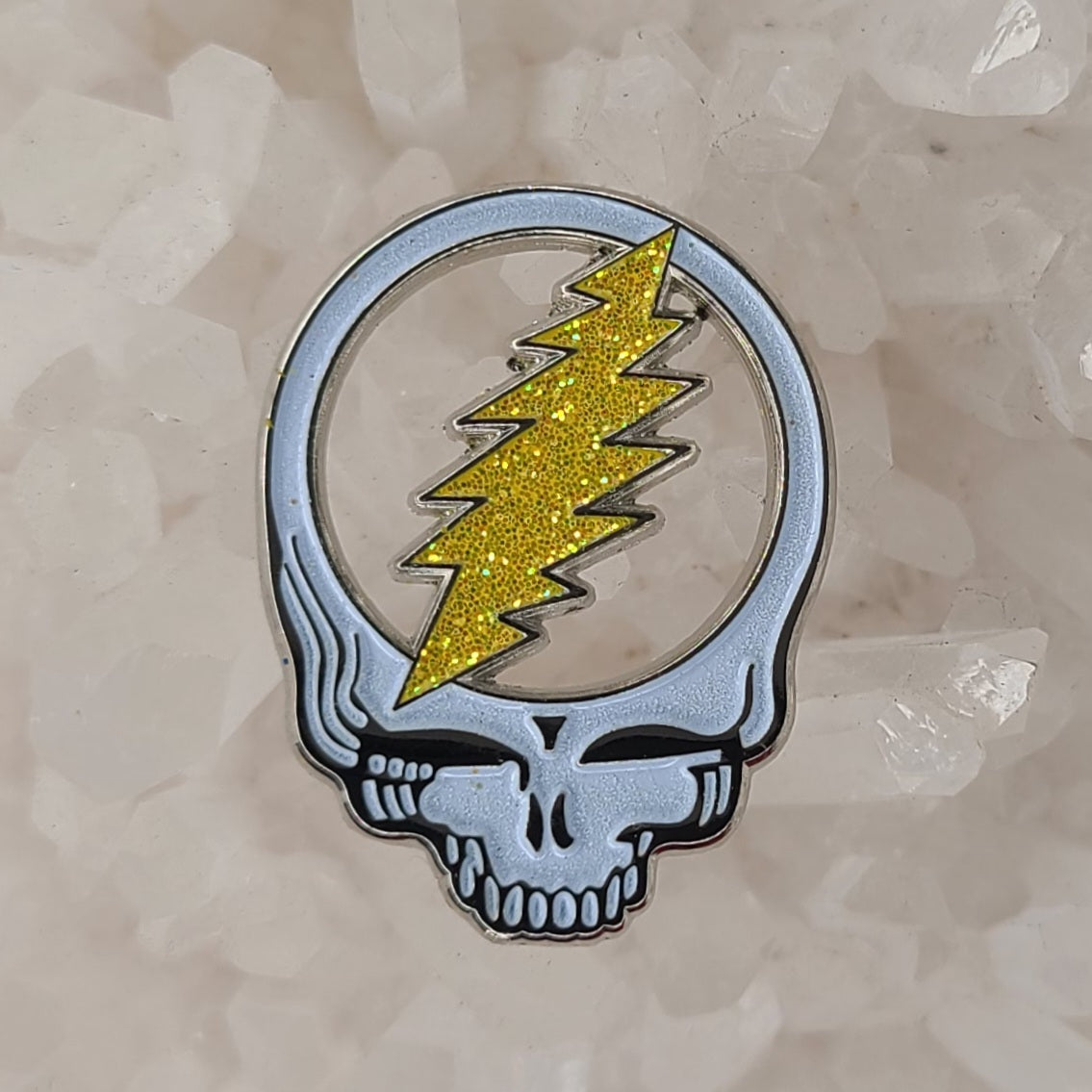 Steal Your Face Yellow Glitter Bolt Forever Grateful Stealie Dead Lot Glow Enamel Hat Pin