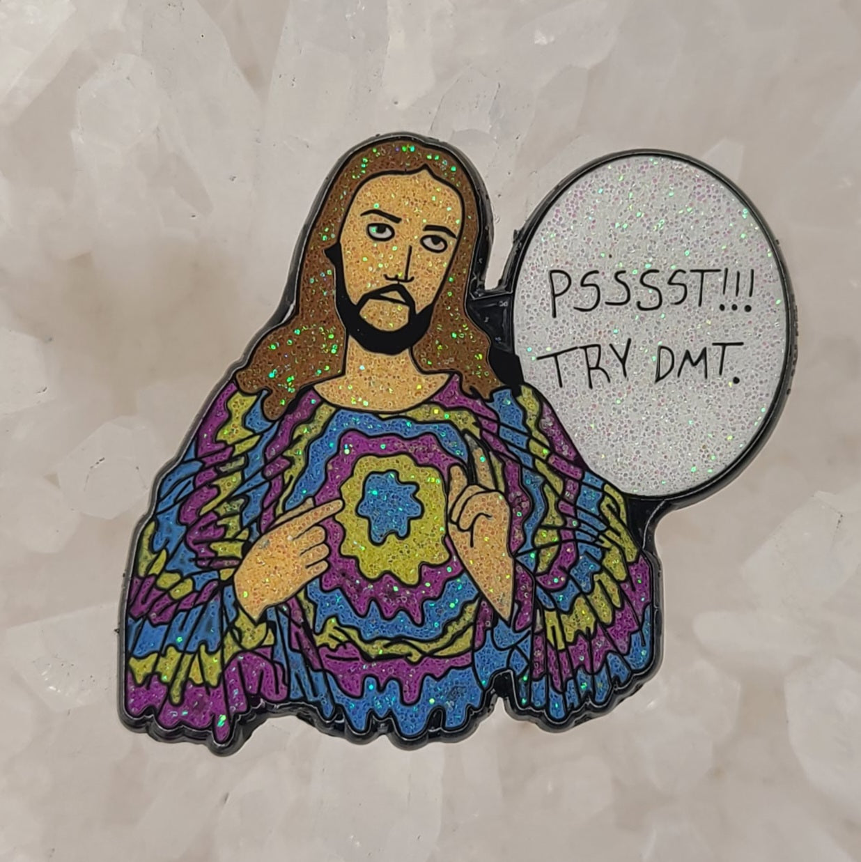 Deemsus Psssst Try Dmt Hippie Jesus Festie Wook Deemster Glitter Enamel Pins Hat Pins Lapel Pin Brooch Badge Festival Pin