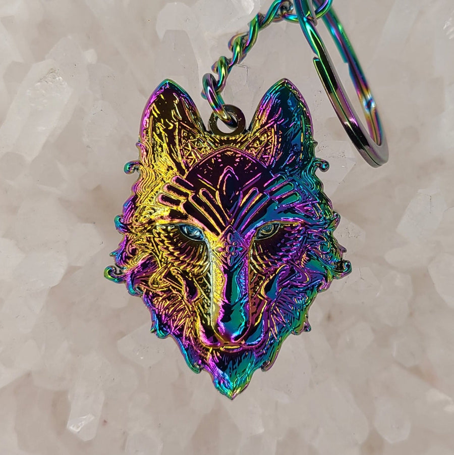 10 Pack - Rainbow Crystal Third Eye Wolf Sacred Geometry Animal Wolves Dog Coyote Anodized 3D Metal Wholesale Keychains Key-Chain Bulk Key Chains