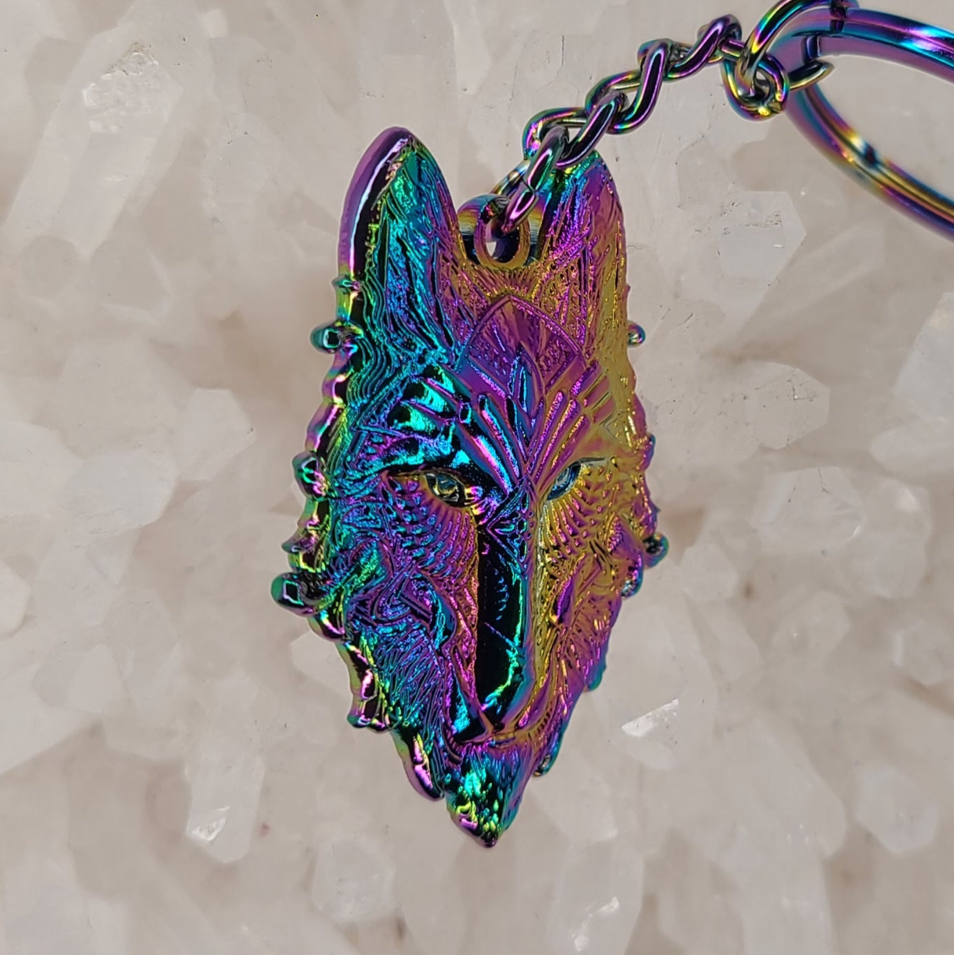5 Pack - Rainbow Crystal Third Eye Wolf Sacred Geometry Animal Wolves Dog Coyote Anodized 3D Metal Wholesale Keychains Key-Chain Bulk Key Chains