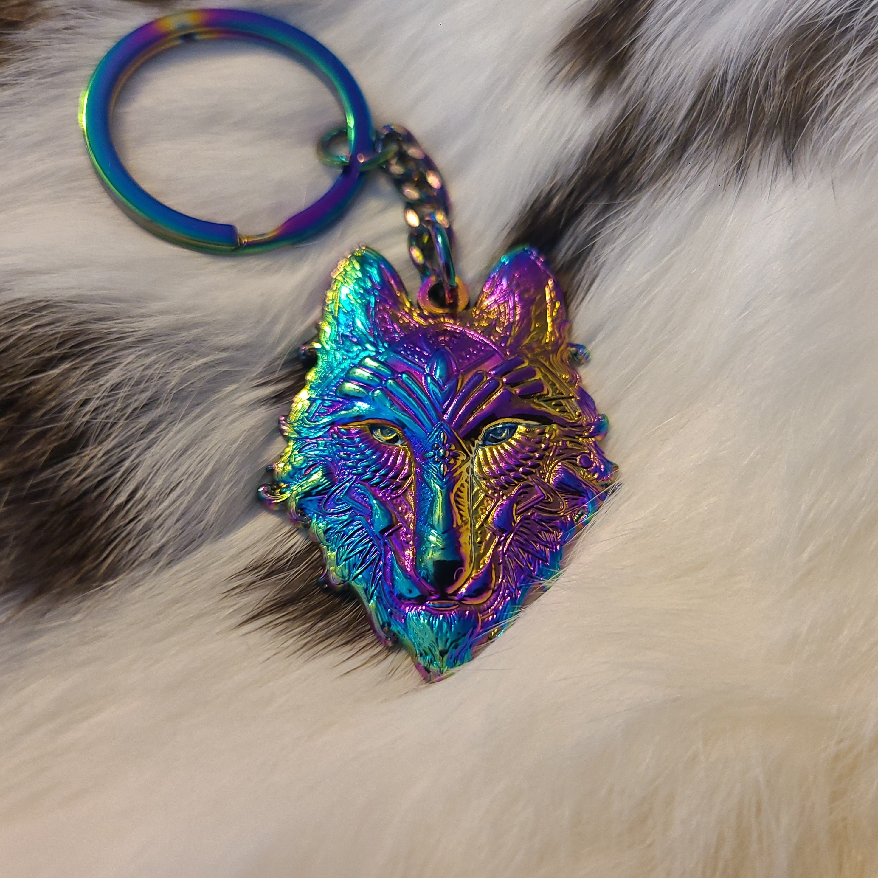 Rainbow Crystal Third Eye Wolf Sacred Geometry Animal Wolves Dog Coyote Anodized 3D Metal Keychains Key-Chain Key Chains
