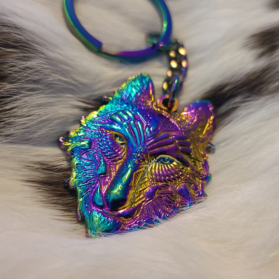 10 Pack - Rainbow Crystal Third Eye Wolf Sacred Geometry Animal Wolves Dog Coyote Anodized 3D Metal Wholesale Keychains Key-Chain Bulk Key Chains