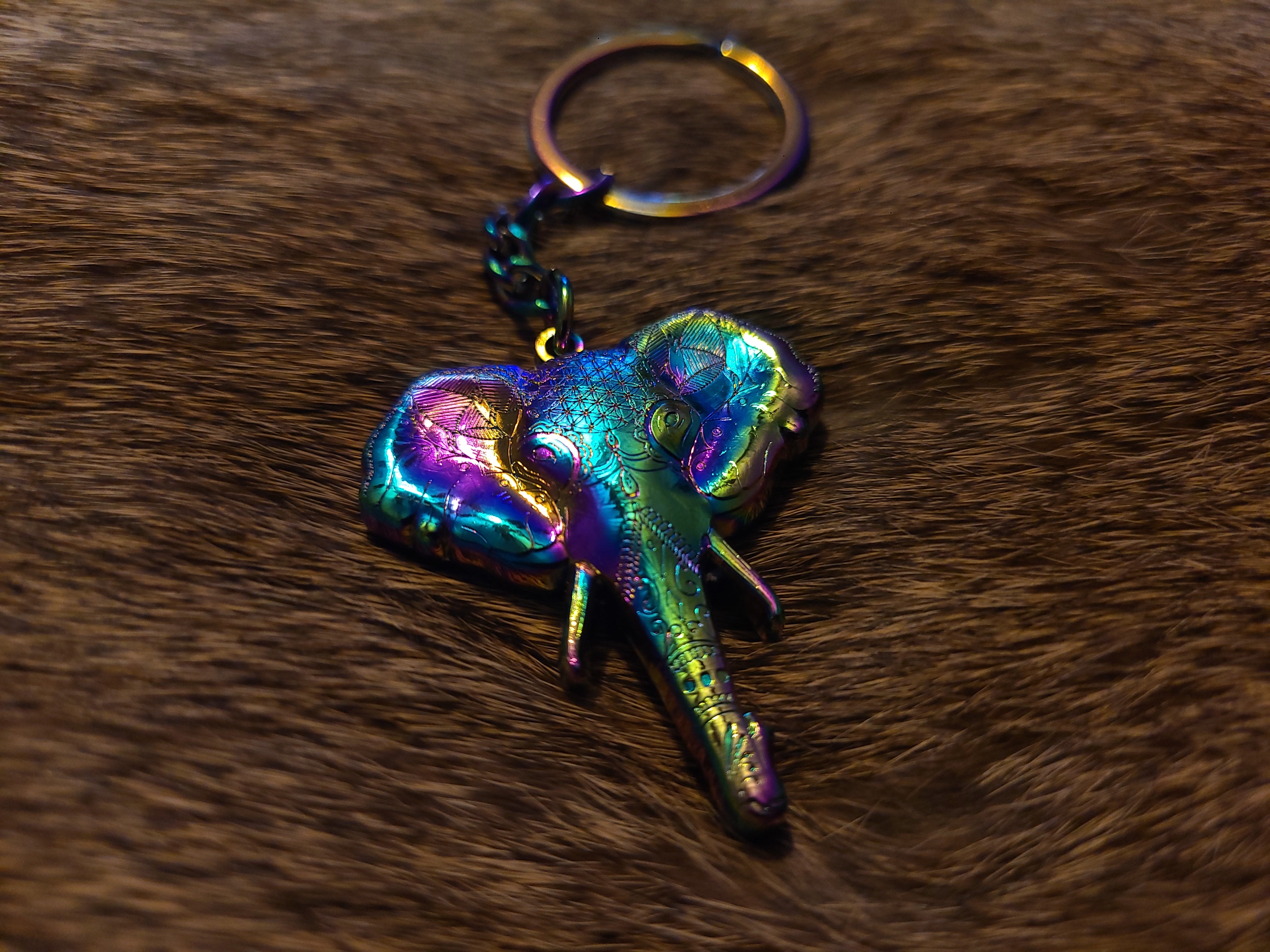 5 Pack - Rainbow Chakra Flower Elephant Sacred Geometry Mandala Animal Anodized 3D Metal Wholesale Keychains Key-Chain Bulk Key Chains