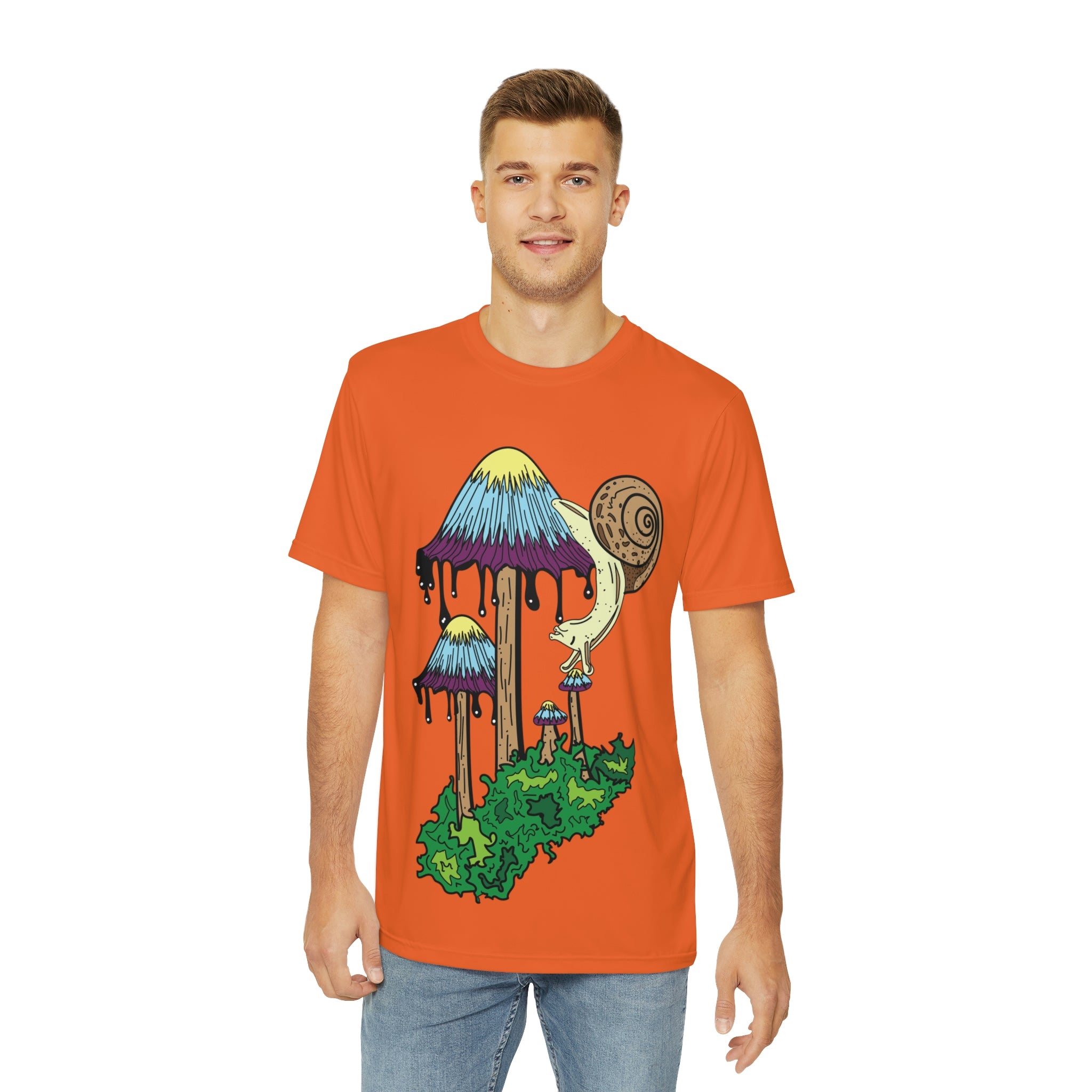 Inky Cap Mushroom Snail Men&#39;s Polyester Tee Orange (AOP) By Mythical Merch