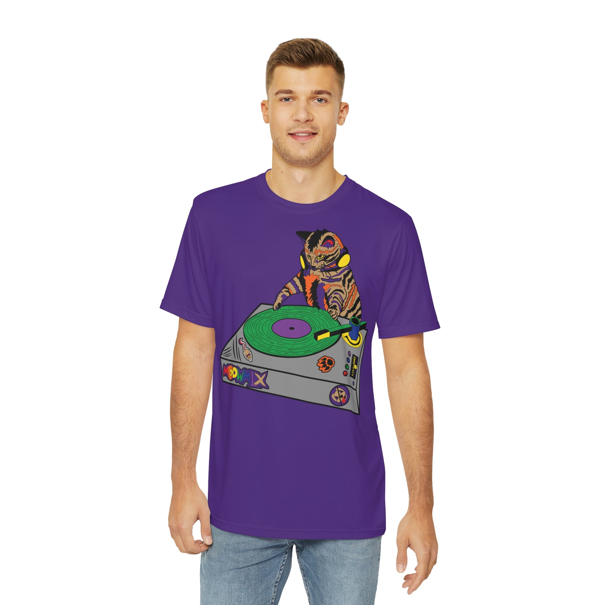 Dj Cat Scratch Kitty Turntable Edm Men&#39;s Polyester Tee (AOP) By Erin Barnhart X Mythical Merch