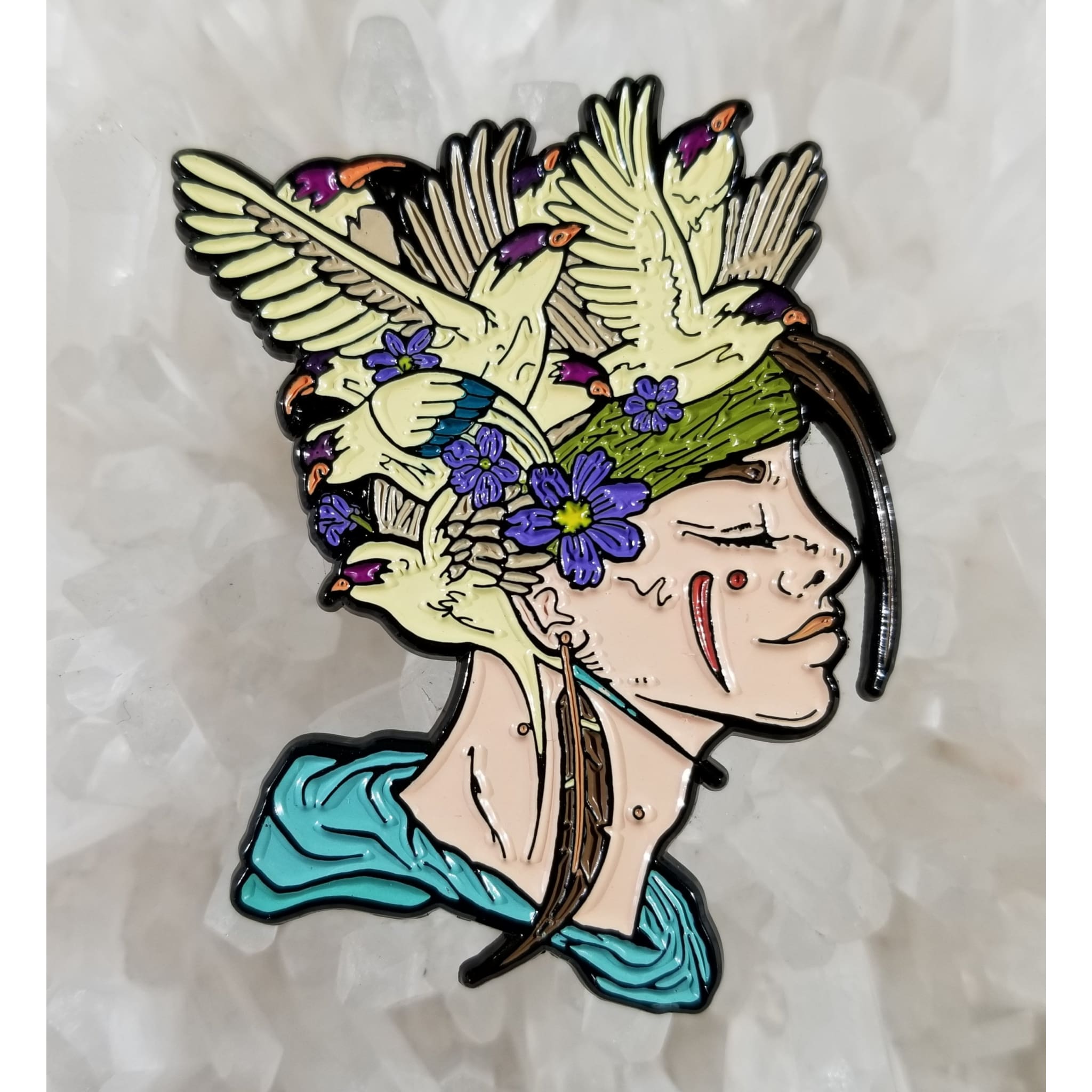 Bird Brain Feather Flower Lady Enamel Hat Pin - Enamel/Metal