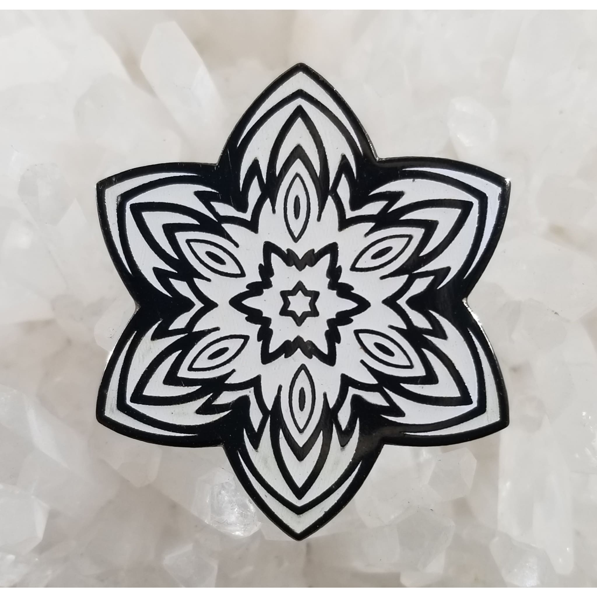 Fire Flower Mandala Black/White Sacred Geometry Psychedelic Art Enamel Hat Pin - Enamel/Metal
