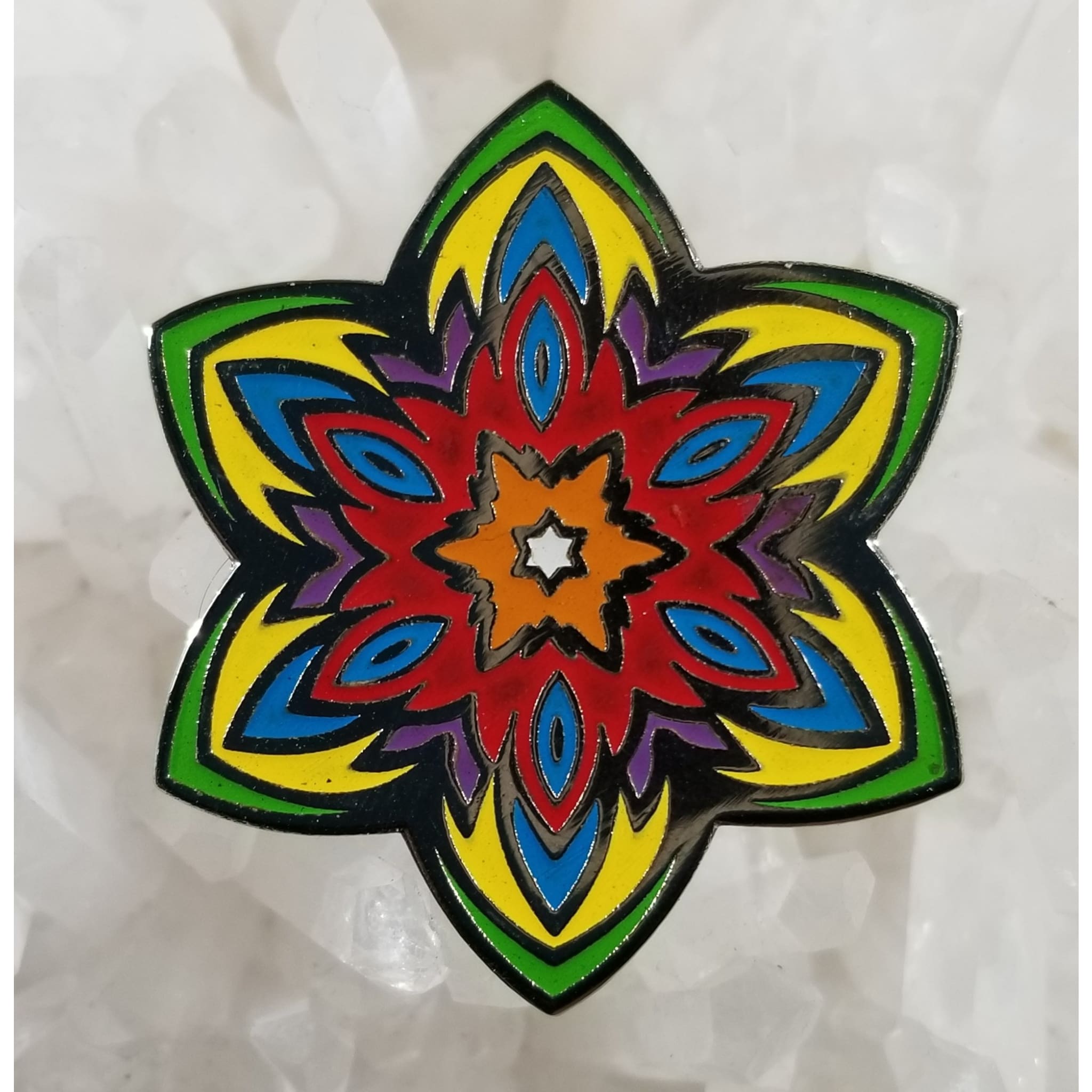 Fire Flower Mandala Sacred Geometry Psychedelic Art Enamel Hat Pin - Enamel/Metal