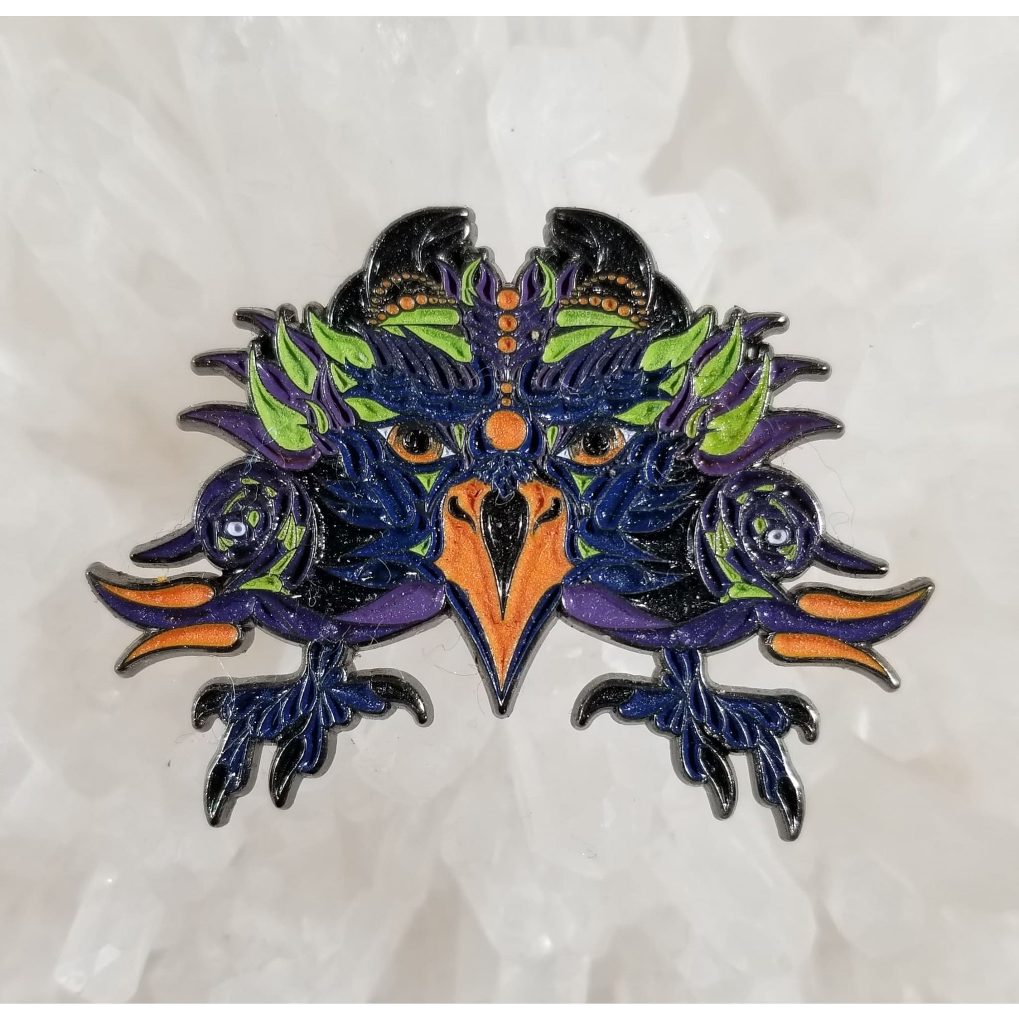Sacred Raven Fractal Crow Bird Psychedelic Art Enamel Hat Pin - Enamel/Metal