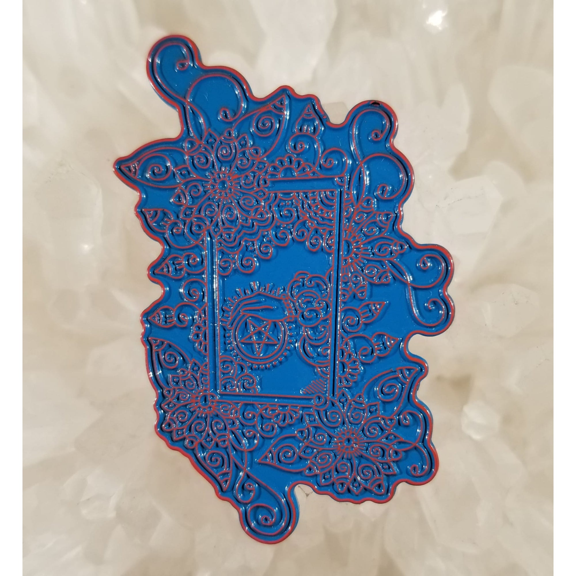 Tarot Card Paisley Flowers Spiritual Astrology Blue/Red Enamel Hat Pin - Enamel/Metal
